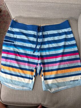 Patagonia Men's Blue Multi-Stripe Swim Board Shorts with Pink & Yellow Accents